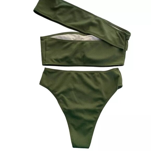SweatyRocks One Shoulder Ribbed Bikini Set Swimsuit Size Small High Cut Bottom - Picture 4 of 6